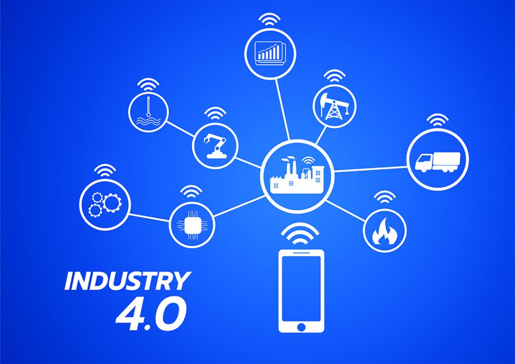 Graphic of Industry 4.0 concept with icons representing Internet of things, smart factory solution, Manufacturing technology, and automation robots.