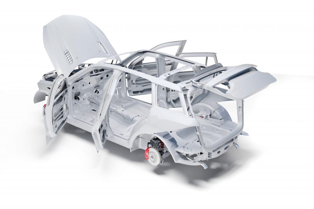 A 3D car frame body showing the different pieces of the car.